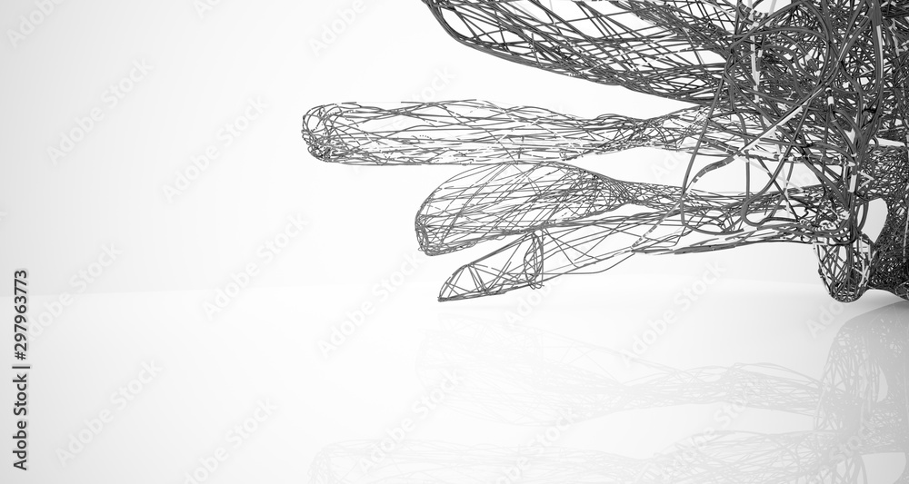 Abstract smooth architectural white and wire black gloss interior with large windows. 3D illustration and rendering. Abstract smooth architectural white and wire black gloss interior with large windows. 3D illustration and rendering.