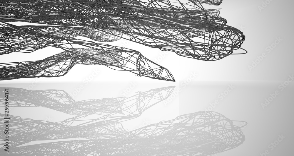 Abstract smooth architectural white and wire black gloss interior  with large windows. 3D illustration and rendering.