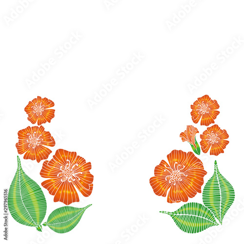 Vector illustration in the form of a frame with abstract flowers of poppies with leaves on a white background. Can be used as wedding invitations, as postcards for bouquets and other decor.