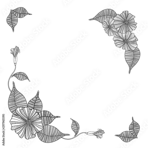 Vector illustration in the form of a frame with black outlines of abstract poppy flowers with leaves on a white background. Can be used as wedding invitations, as postcards for bouquets and decor.