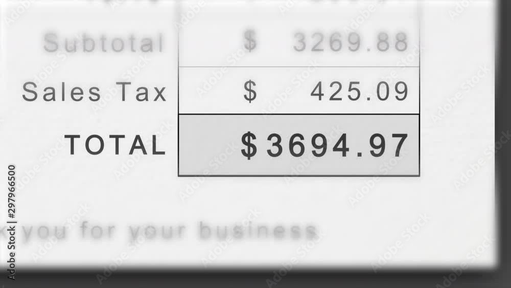 Static animation of a growing invoice total in dollars with sales tax. Total costs animate ever higher. Static animation of a growing invoice total in dollars with sales tax. Total costs animate ever higher.