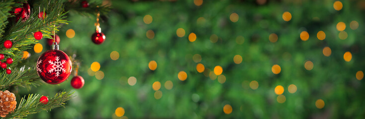 Christmas holidays banner, tree, bokeh background