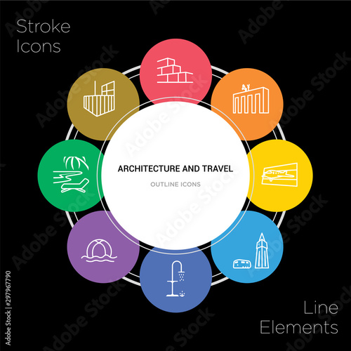 8 architecture and travel concept stroke icons infographic design on black background