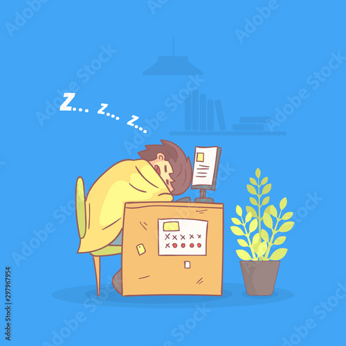 Office Worker Sleeping at his Workplace During Working Hours, Procrastinating and Laziness Person Vector Illustration