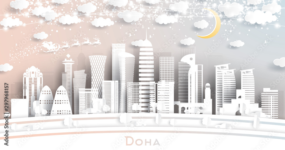 Doha Qatar City Skyline in Paper Cut Style with Snowflakes, Moon and Neon Garland.