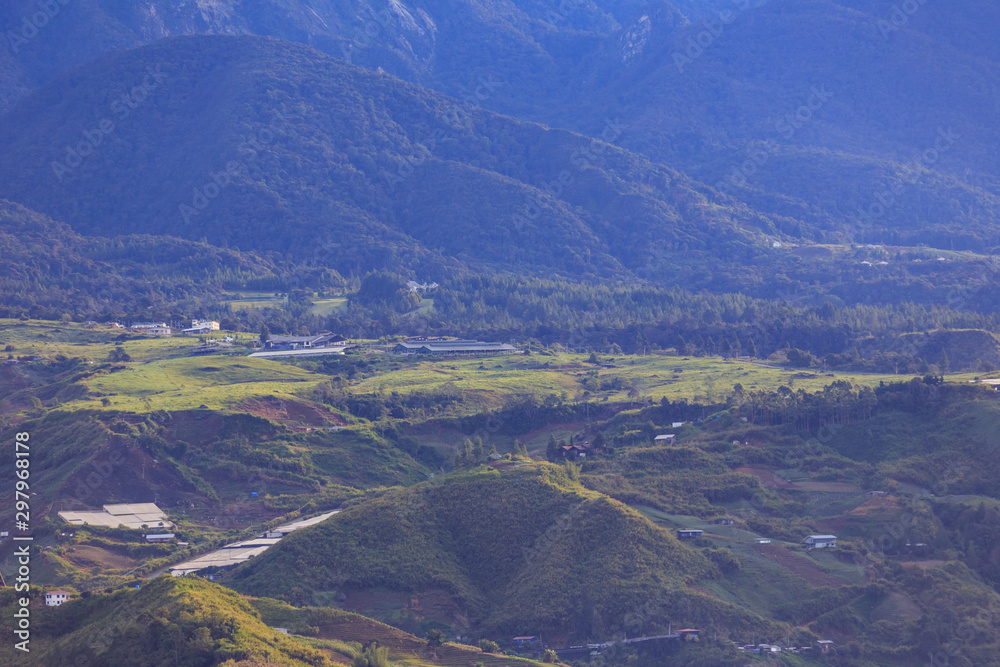 Beautiful Nature rural landscape of Rural local house with green forest in Kundasang Town, Sabah, Borneo