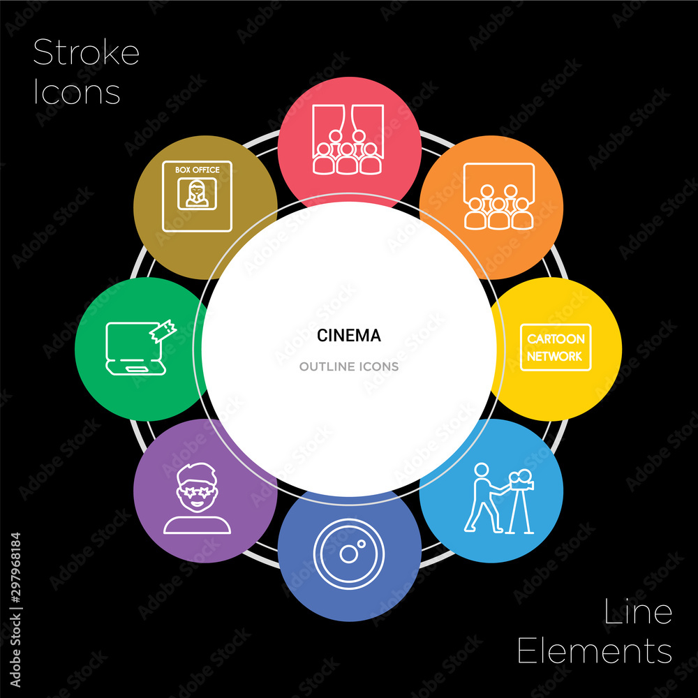 8 cinema concept stroke icons infographic design on black background 8 cinema concept stroke icons infographic design on black background