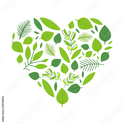 Heart of Green Tree Leaves, Spring Season Element Vector Illustration