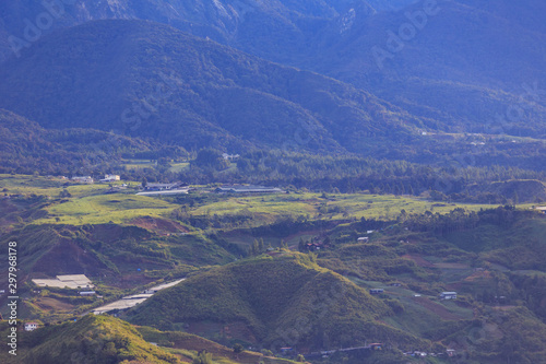Beautiful Nature rural landscape of Rural local house with green forest in Kundasang Town, Sabah, Borneo © alenthien