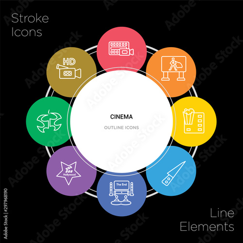 8 cinema concept stroke icons infographic design on black background