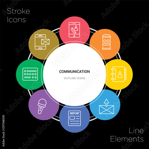 8 communication concept stroke icons infographic design on black background