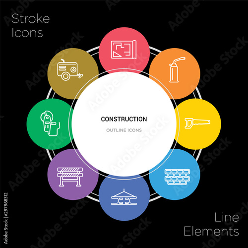 8 construction concept stroke icons infographic design on black background