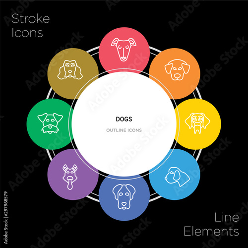 8 dogs concept stroke icons infographic design on black background