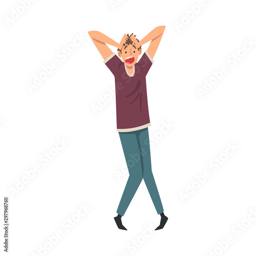 Scared and Panicked Man Clasped his Head, Emotional Frightened Person Character Afraid of Something Vector Illustration