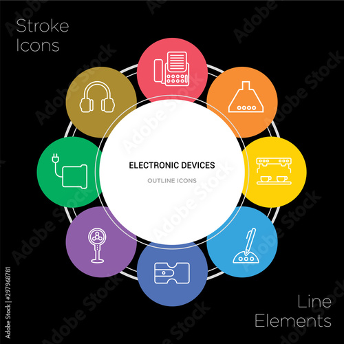 8 electronic devices concept stroke icons infographic design on black background