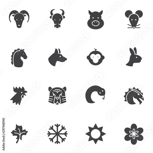 Chinese zodiac vector icons set, modern solid symbol collection, filled style pictogram pack. Signs, logo illustration. Set includes icons as monkey, tiger, horse, dragon, snake, rat, dog, bull, ox