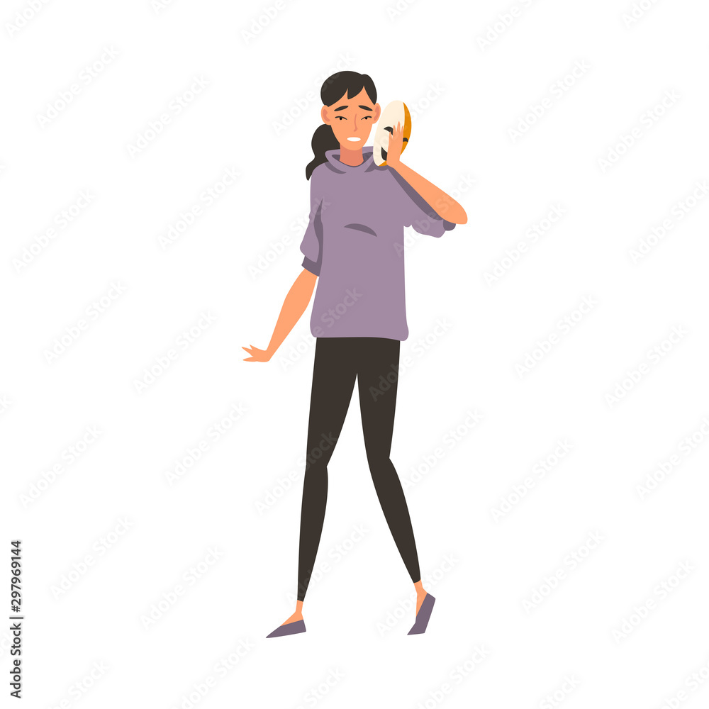 Young Woman Holding Face Mask, Girl Changing and Hiding Her Emotions Vector Illustration Young Woman Holding Face Mask, Girl Changing and Hiding Her Emotions Vector Illustration