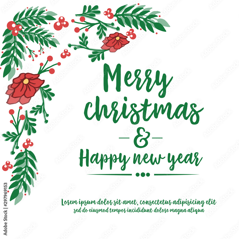 Obraz premium Celebration of card merry christmas and happy new year, with drawing of nature red flower frame. Vector