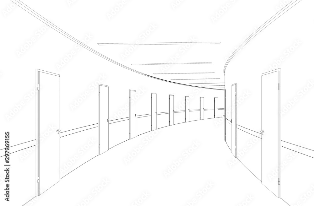 long corridor with doors, contour visualization, 3D illustration, sketch, outline