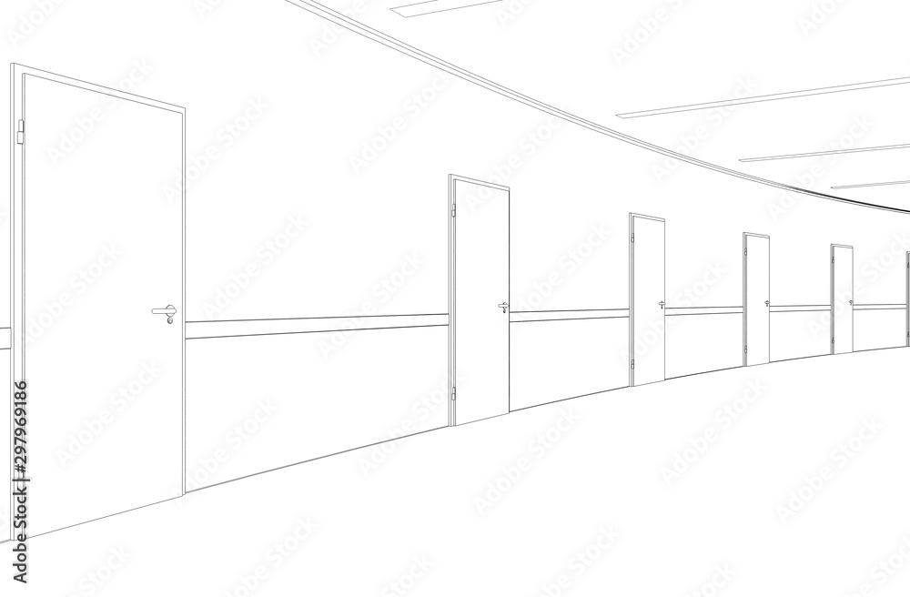 Fototapeta premium long corridor with doors, contour visualization, 3D illustration, sketch, outline