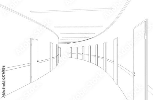 Fototapeta Naklejka Na Ścianę i Meble -  long corridor with doors, contour visualization, 3D illustration, sketch, outline