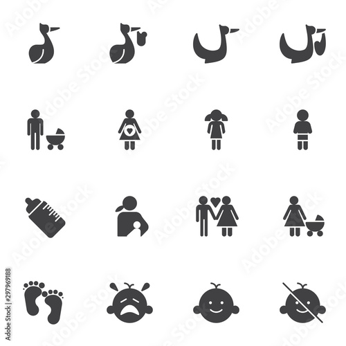 Maternity vector icons set, modern solid symbol collection, filled style pictogram pack. Signs, logo illustration. Set includes icons as pregnant woman, stork with baby, family, child, breast feeding