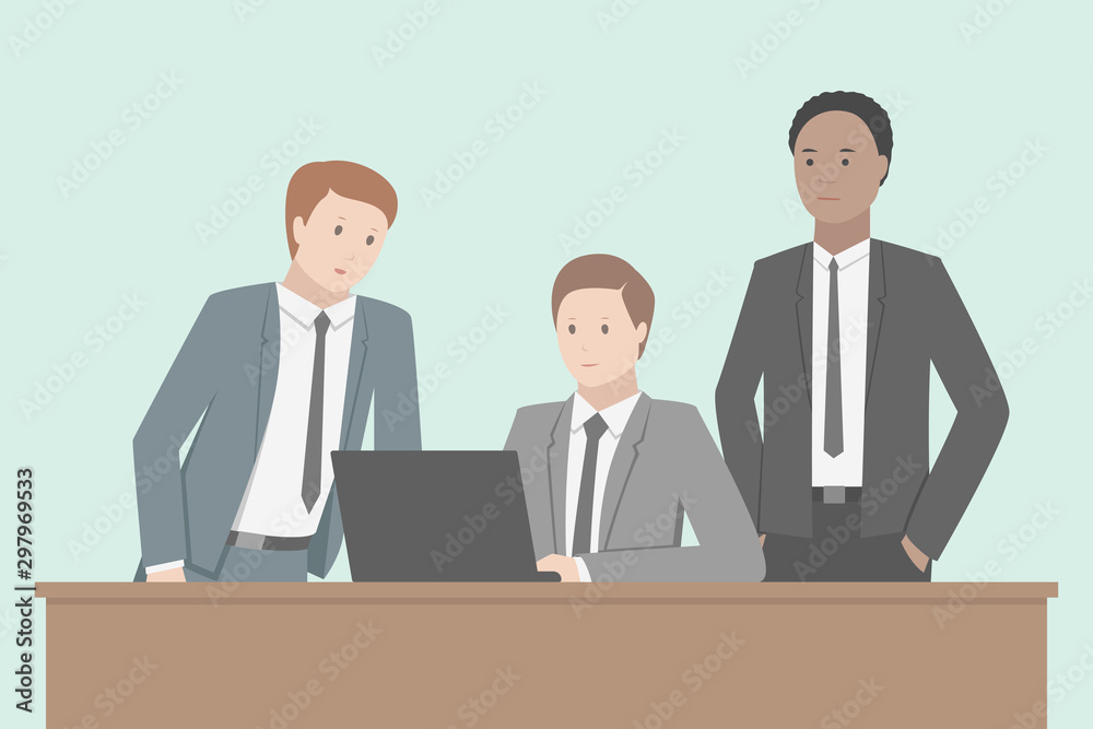Discussion between Caucasian and African-American employees. Teamwork. Vector illustration. Discussion between Caucasian and African-American employees. Teamwork. Vector illustration.