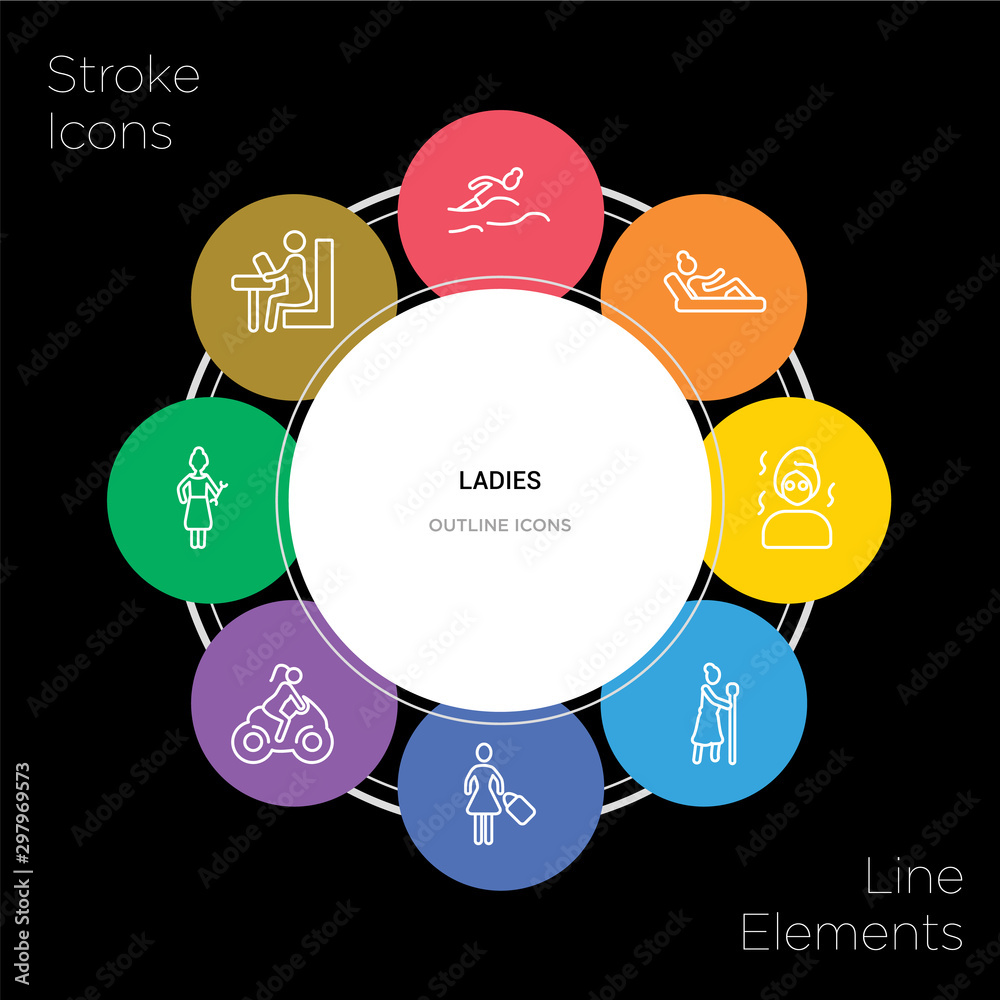 8 ladies concept stroke icons infographic design on black background 8 ladies concept stroke icons infographic design on black background