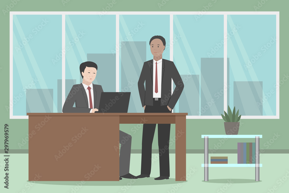 Caucasian and African-American employees in office. Vector illustration.