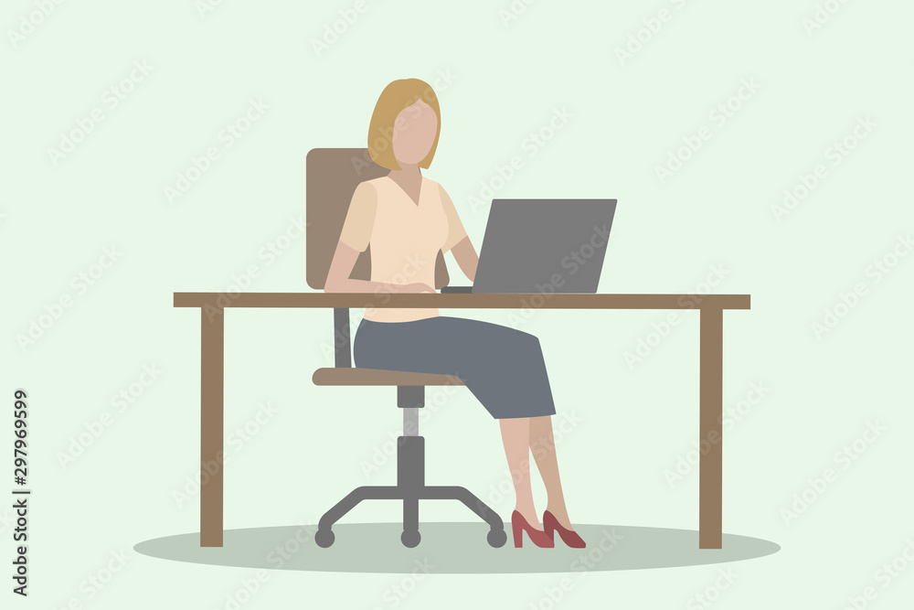 Caucasian woman sitting at desk and working on laptop. Vector illustration.