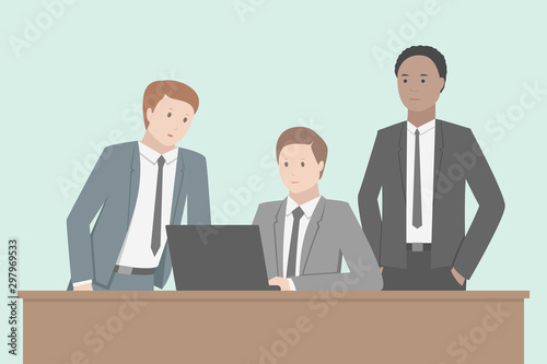 Discussion between Caucasian and African-American employees. Teamwork. Vector illustration.