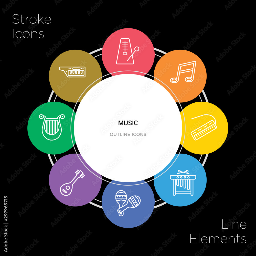 Fotografie 8 music concept stroke icons infographic design on black background