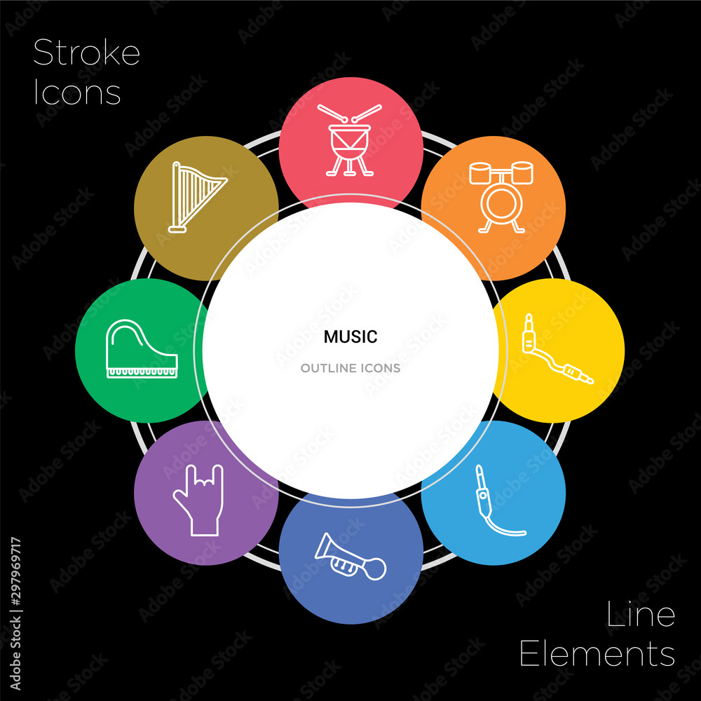 8 music concept stroke icons infographic design on black background 8 music concept stroke icons infographic design on black background
