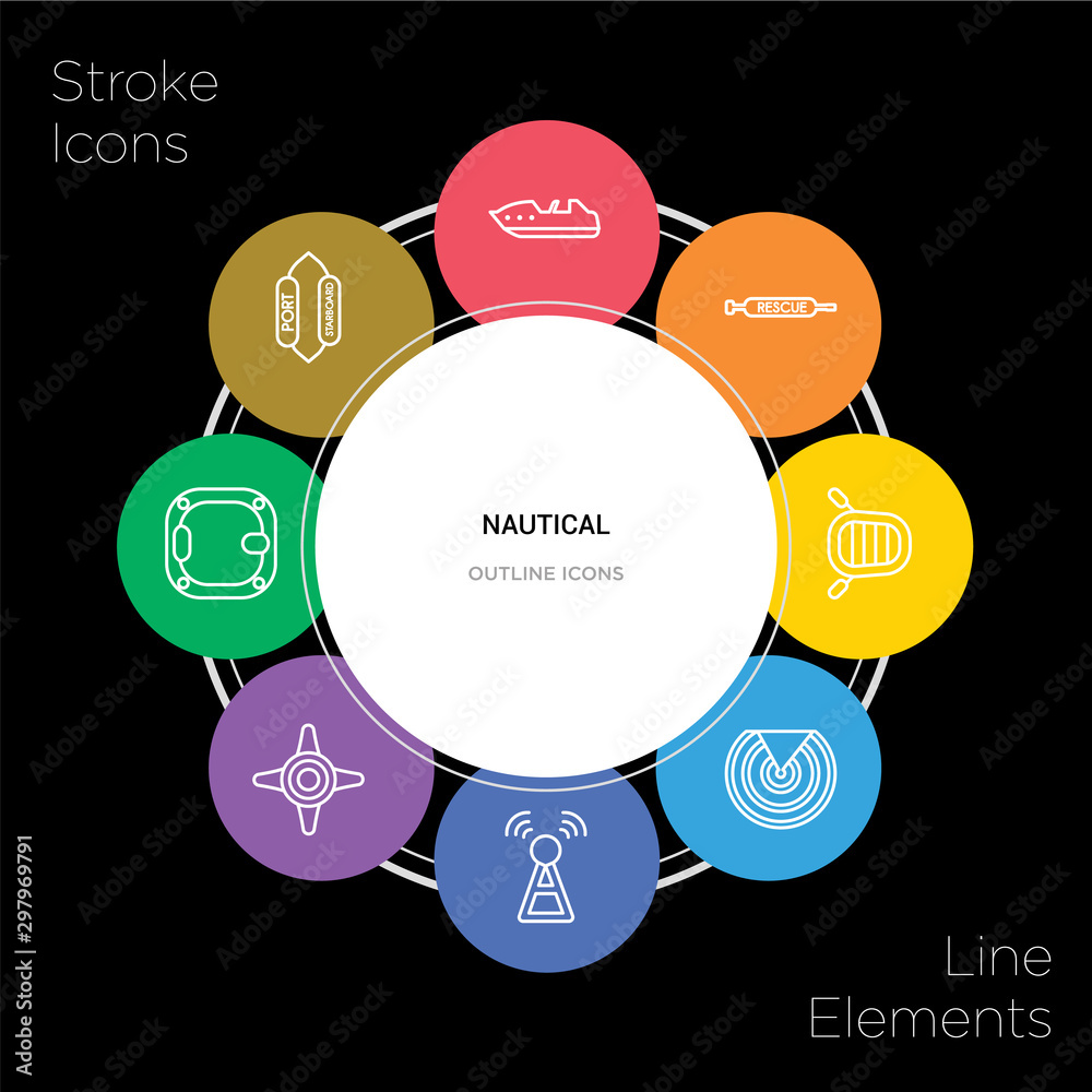 8 nautical concept stroke icons infographic design on black background 8 nautical concept stroke icons infographic design on black background