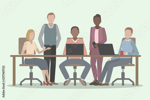 Teamwork in multiethnic collective. Vector illustration.