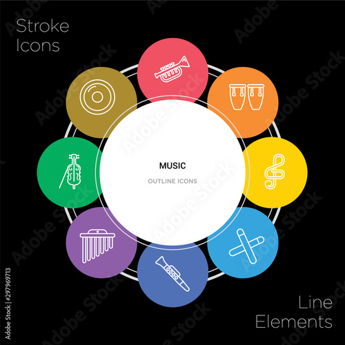 8 music concept stroke icons infographic design on black background