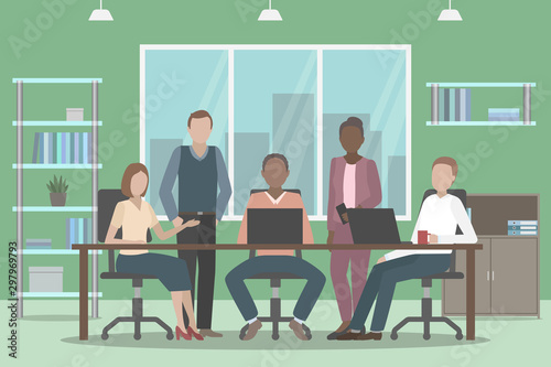Discussion between employees. Open plan office. Vector.