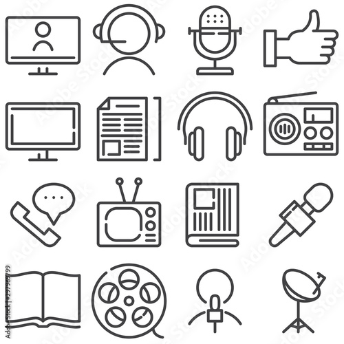 Media communication line icons set. linear style symbols collection, outline signs pack. vector graphics. Set includes icons as support call center, microphone, radio, television, social network