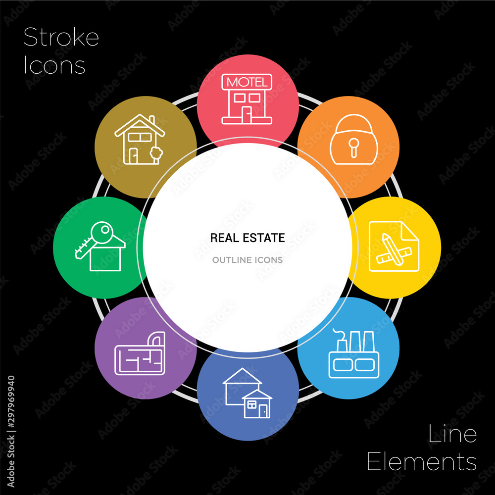 8 real estate concept stroke icons infographic design on black background