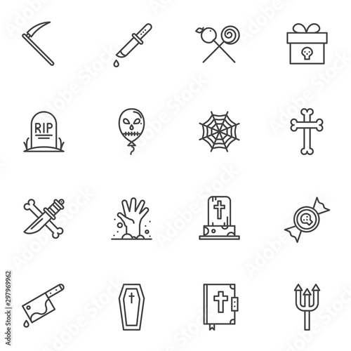 Halloween decoration line icons set. linear style symbols collection outline signs pack. vector graphics. Set includes icons as graveyard, tombstone, spider web, bones cross, holy bible, coffin, knife
