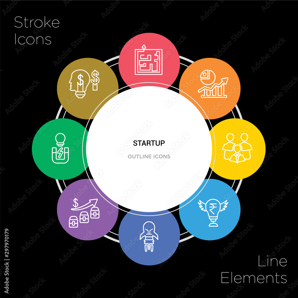8 startup concept stroke icons infographic design on black background