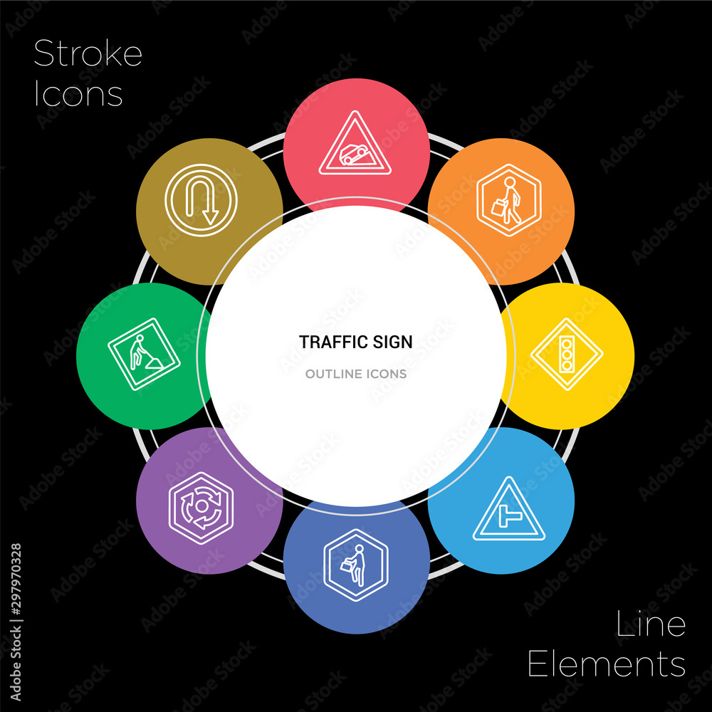 8 traffic sign concept stroke icons infographic design on black background 8 traffic sign concept stroke icons infographic design on black background
