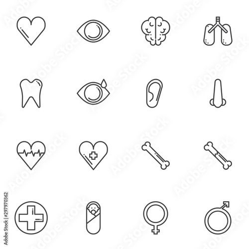 Medical services line icons set. linear style symbols collection, outline signs pack. vector graphics. Set includes icons as heart cardiogram, brain, surgery, dentist, traumatologist, ophthalmologist