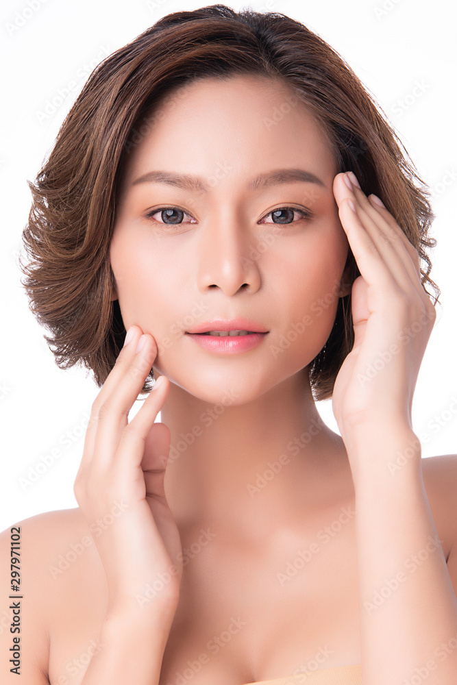 Beautiful young Asian woman touching soft cheek and smile with clean and fresh skin. Happiness and cheerful with, isolated on white background, Beauty and Cosmetics Concept, Beautiful young Asian woman touching soft cheek and smile with clean and fresh skin. Happiness and cheerful with, isolated on white background, Beauty and Cosmetics Concept,