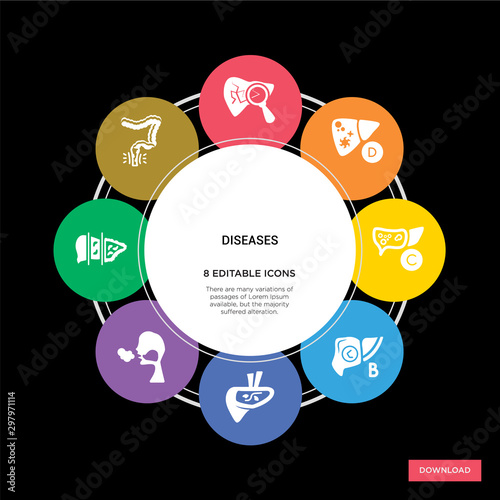 8 diseases concept icons infographic design. diseases concept infographic design on black background