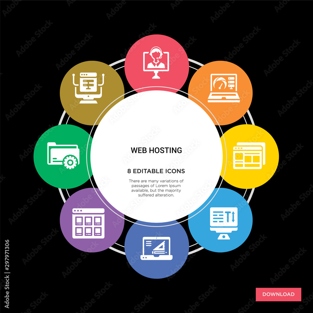 8 web hosting concept icons infographic design. web hosting concept infographic design on black background 8 web hosting concept icons infographic design. web hosting concept infographic design on black background