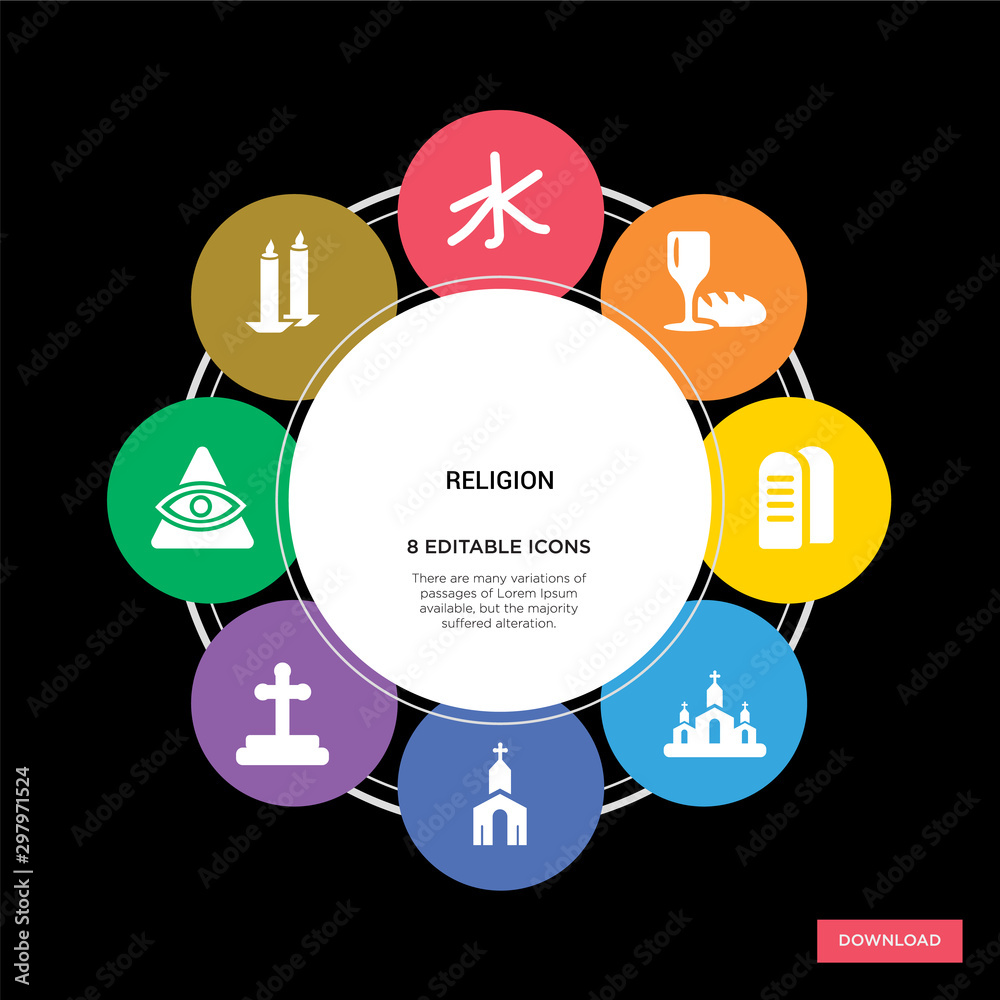 8 religion concept icons infographic design. religion concept infographic design on black background 8 religion concept icons infographic design. religion concept infographic design on black background