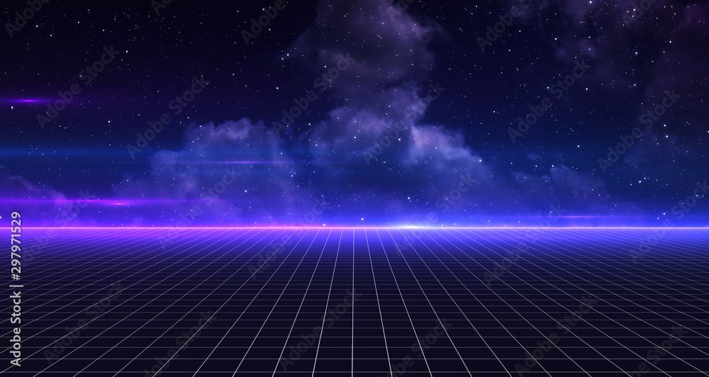Retro Sci-Fi Background Futuristic Grid landscape of the 80`s. Digital Cyber Surface. Suitable for design in the style of the 1980`s. 3D illustration Retro Sci-Fi Background Futuristic Grid landscape of the 80`s. Digital Cyber Surface. Suitable for design in the style of the 1980`s. 3D illustration