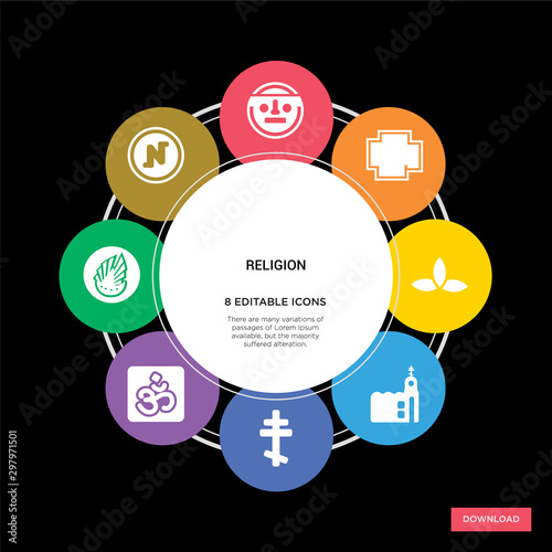 8 religion concept icons infographic design. religion concept infographic design on black background