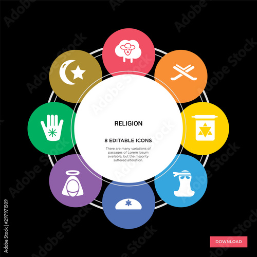 8 religion concept icons infographic design. religion concept infographic design on black background